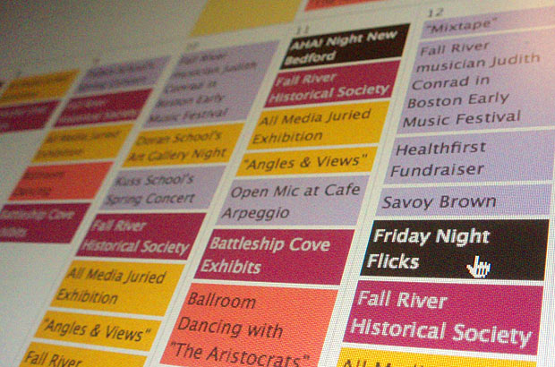 web (calendar) {{ This is the month view of the events calendar with multiple event types that can have custom colors controlled by the web manager.