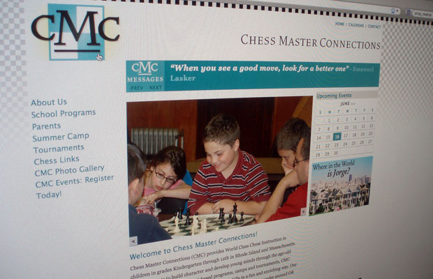 web (homepage) {{ The homepage has a carousel gallery of the kids (cause its all about the kids!) and a "feedbar" of sorts that shows chess tips and announcements.